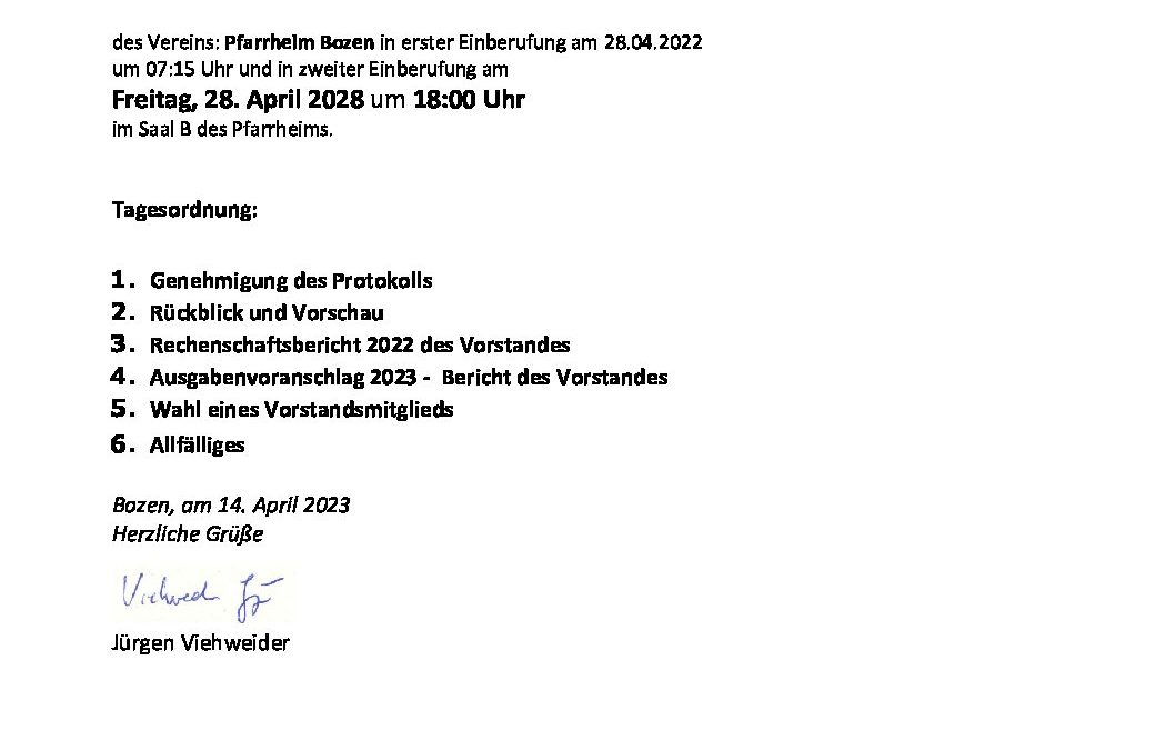 Vollversammlung des Vereins: Pfarrheim Bozen 2023